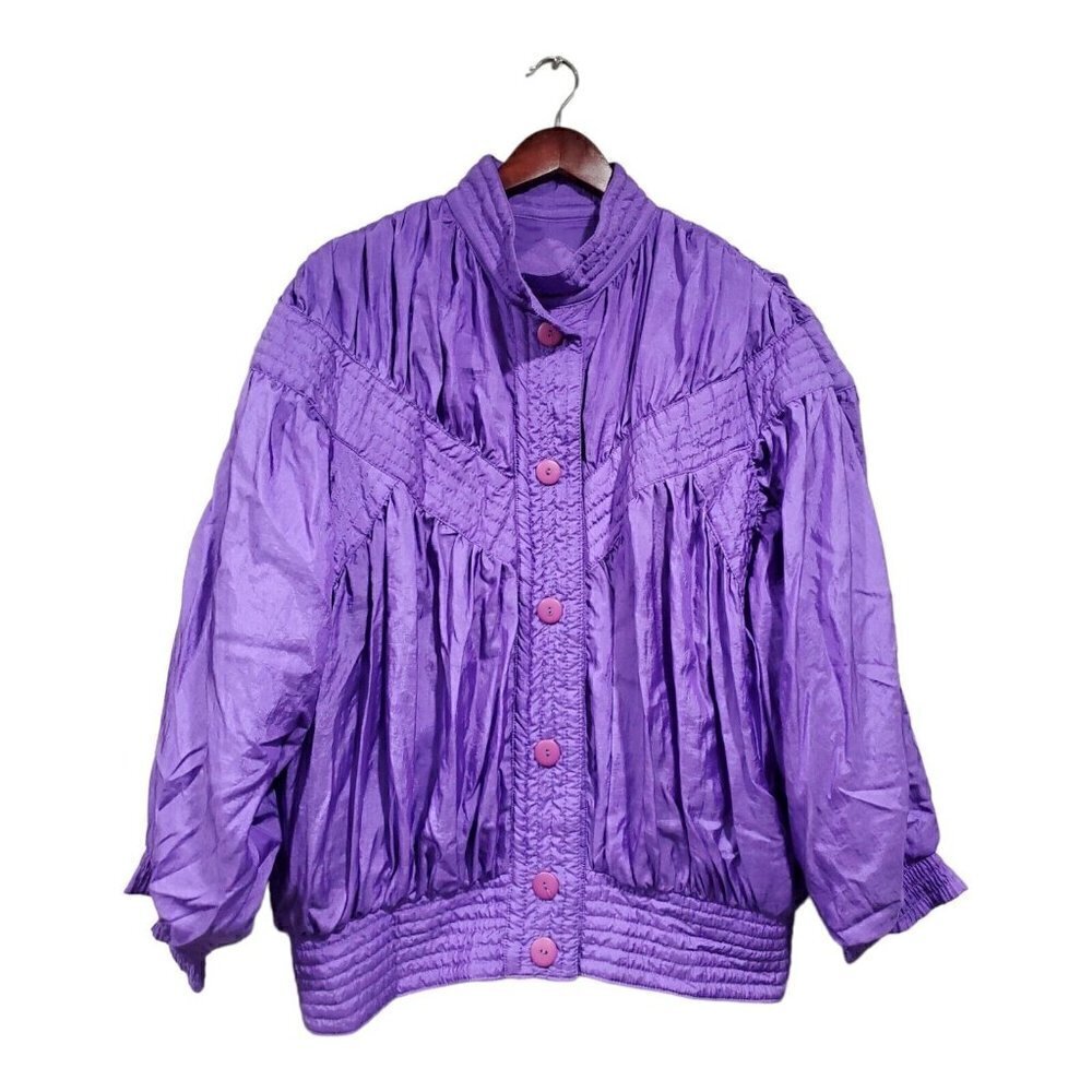 Vintage Abraxas Women's Purple Jacket Windbreaker Ruched Sleeves 80s 90s Sz Med